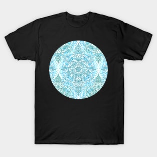 Turquoise Blue, Teal & White Protea Doodle Pattern T-Shirt